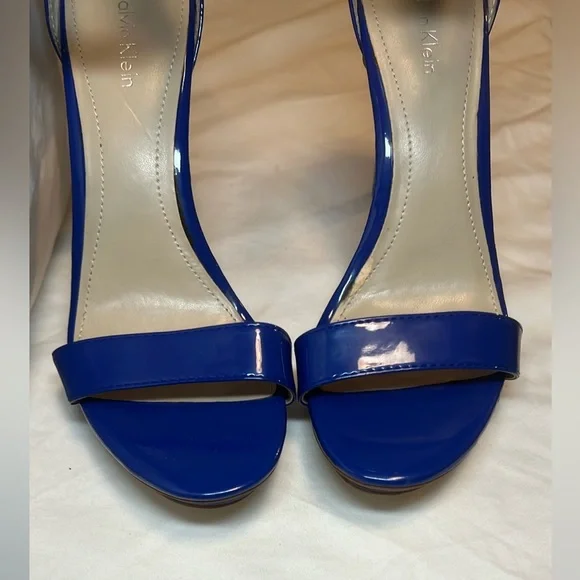 Calvin Klein Patent Leather Blue Heels with Ankle Strap and Buckle - Picture 5 of 9